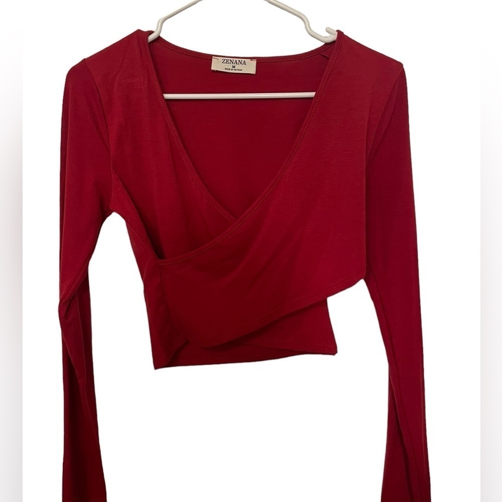 Zenana Long Sleeve Crop Top womens medium Burgundy V-neck Wrap CrissCross Casual - Picture 2 of 4